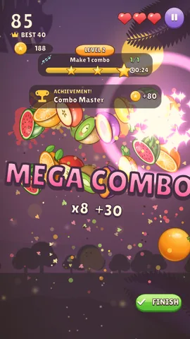 Fruit Slice gameplay: a MEGA COMBO of eight fruit sliced in one swipe, with the level goal and timer at the top.
