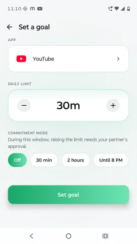 Setting a goal in Sworn: choosing YouTube, a 30 minute daily limit, and a commitment window.